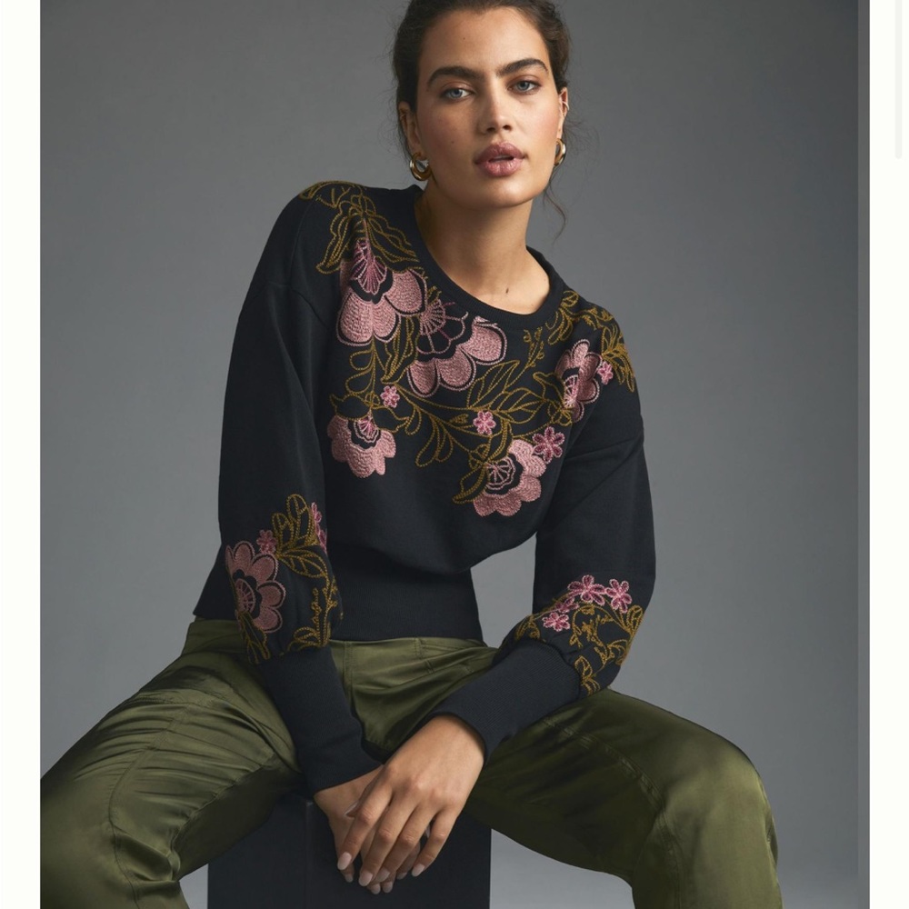 EUC Anthropologie black pink floral embroidery sweatshirt XL